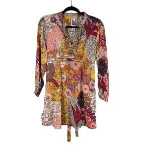 Original Anthony Beaded Top S Orange Sheer Floral Babydoll Tunic Sequin Artsy